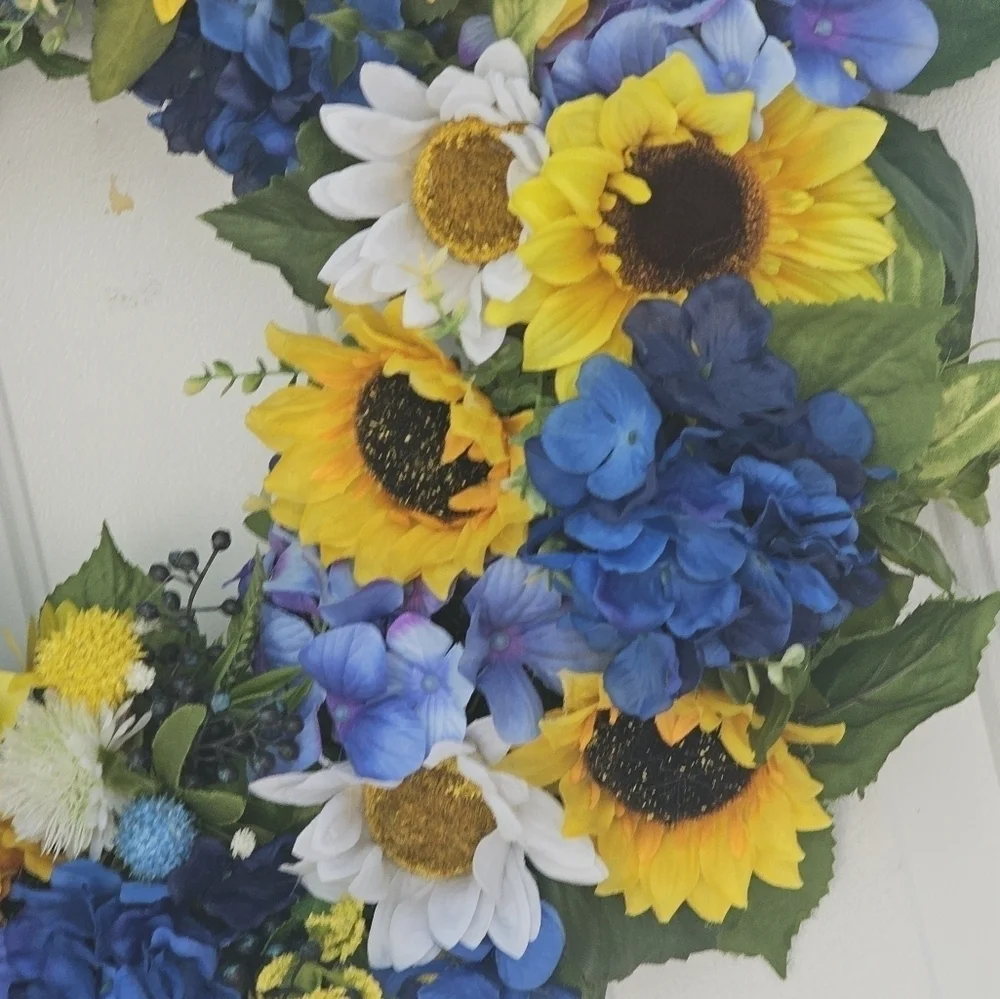 Handmade sunflower and blue hydrangea wreath for everyday, summer,spring